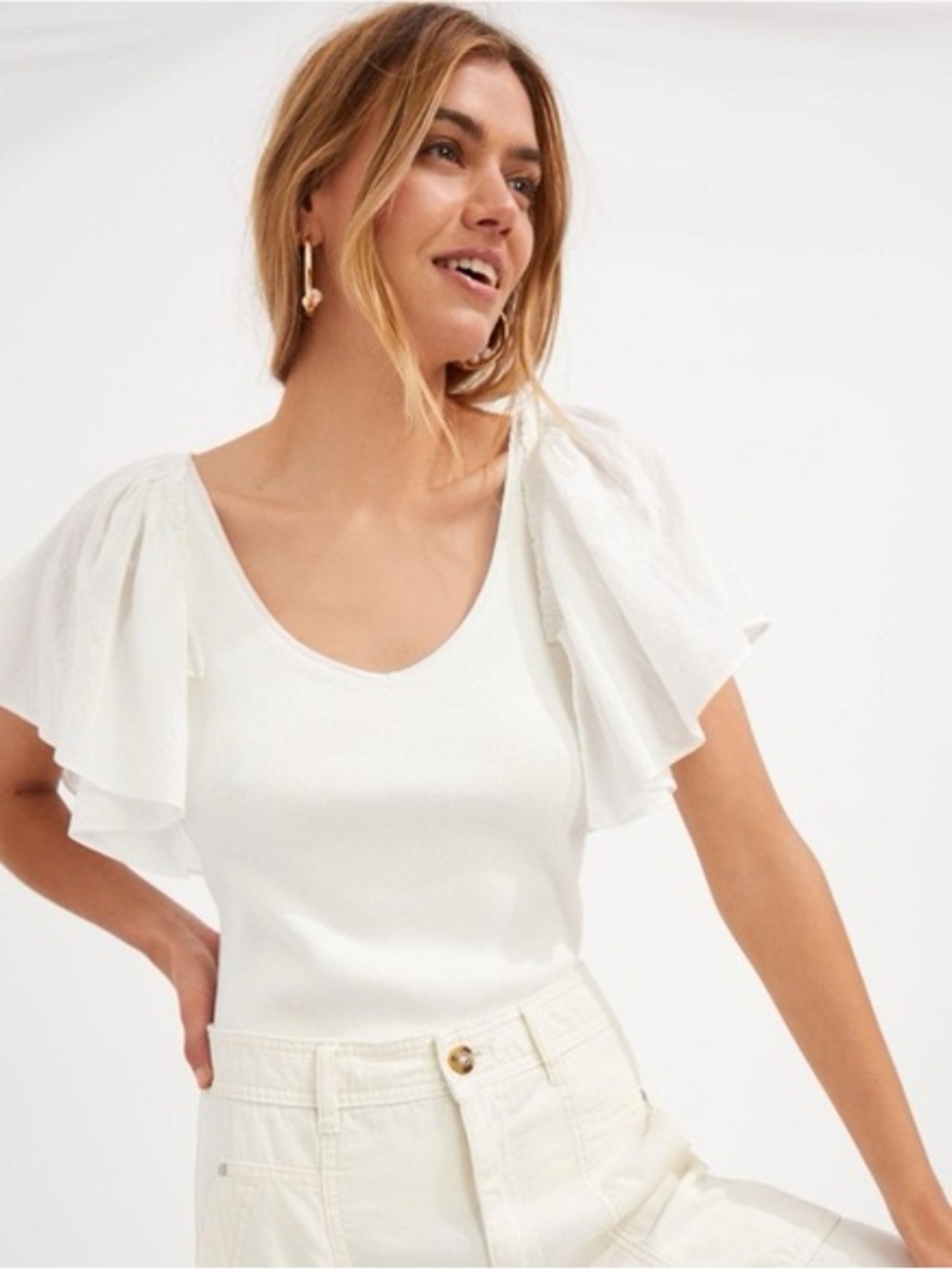 Anthropologie Maeve White Ruffle Sleeve Scoop Neck Top Small